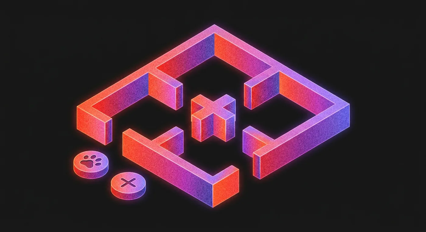 Isometric floor plan of a small home in coral and violet blocks, with a paw token and a cross token beside it