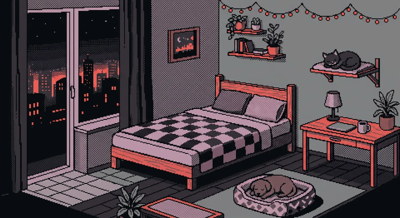 Pixel-art studio at night: a bed, a desk, a cat asleep on a wall shelf and a dog asleep in a round bed, with the city lit up beyond the window